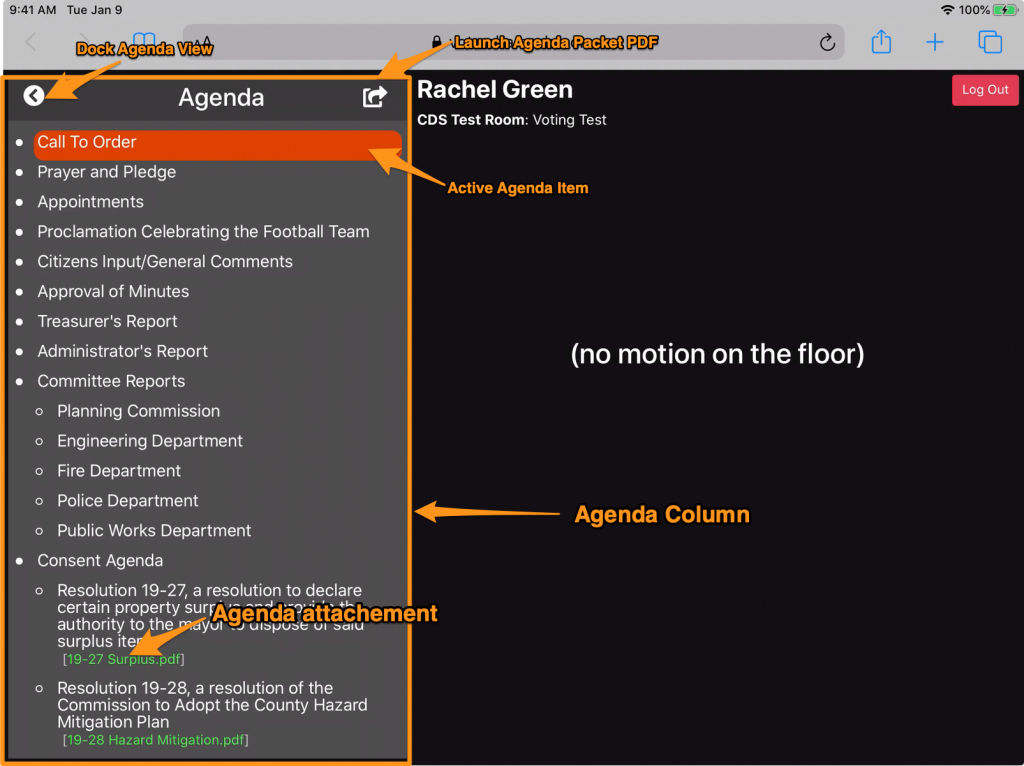 Left column of the agenda voting view